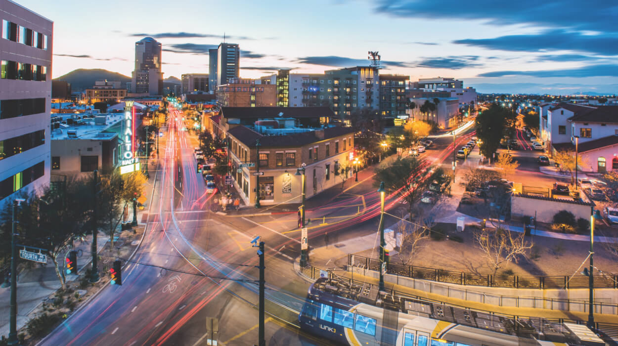 Dusk image of downtown Tucson, Arizona.